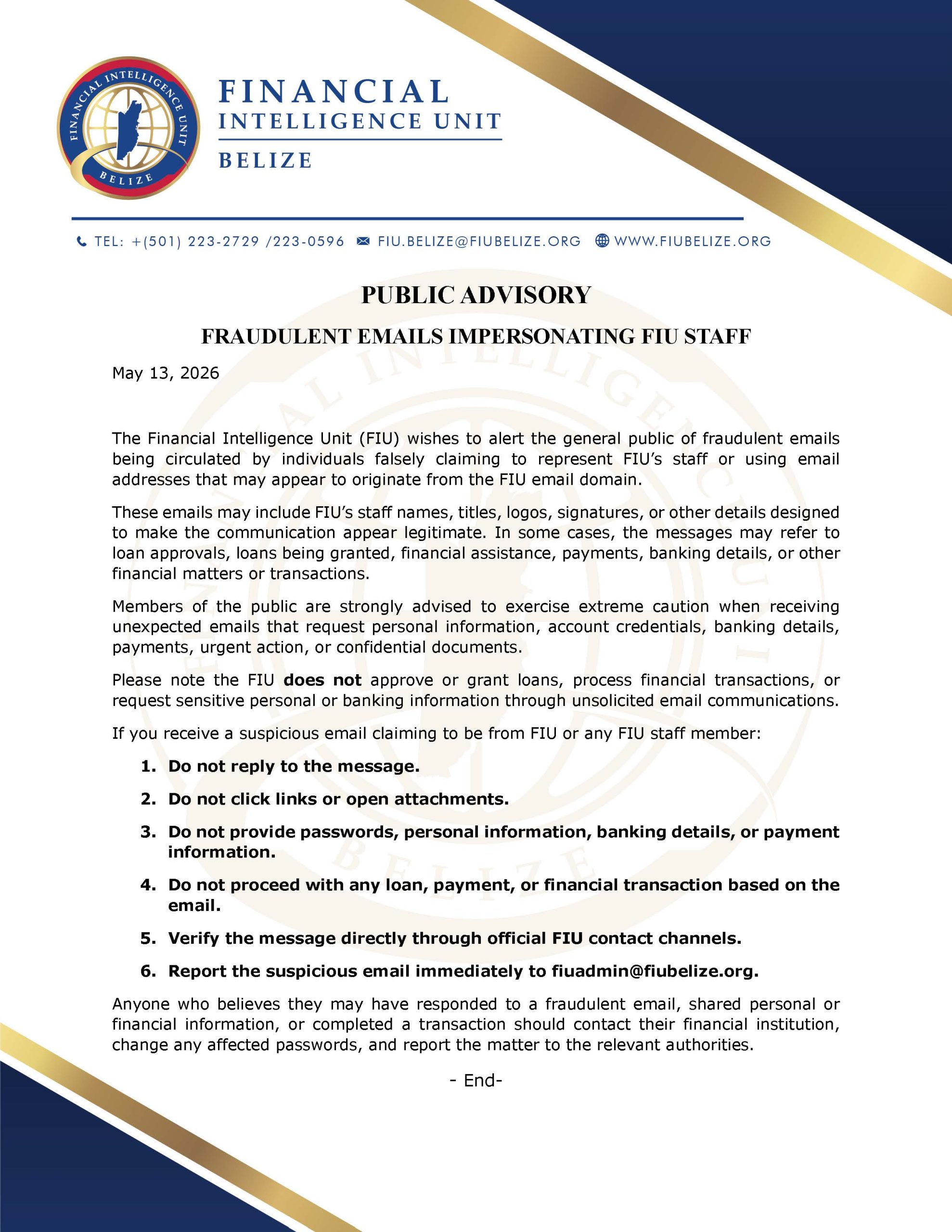 Public Notice - Fraudulent Emails Impersonating FIU Staff